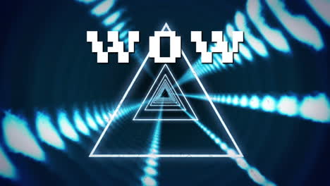 animación de texto wow digital que se mueve en bucle entre formas triangulares gráficas y luces