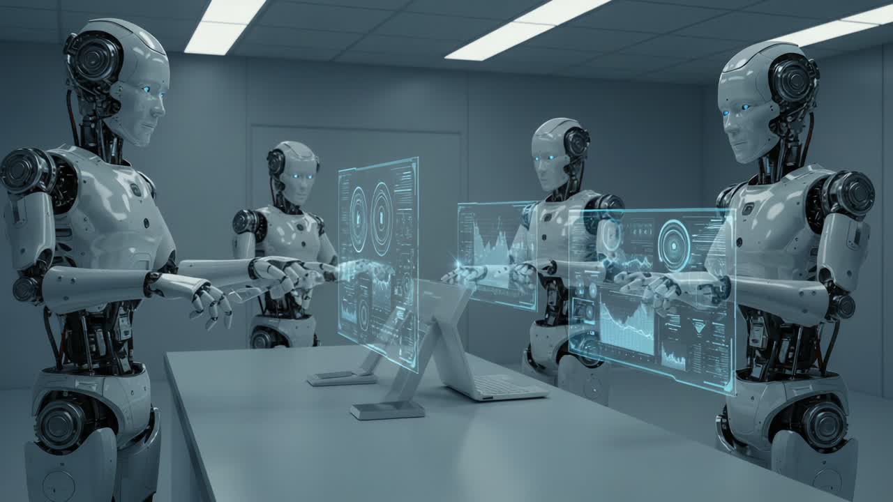 Futuristic Robots Engaged in Collaborative Data Analysis in a High-Tech Control Room with Holographic Displays and Advanced Interfaces