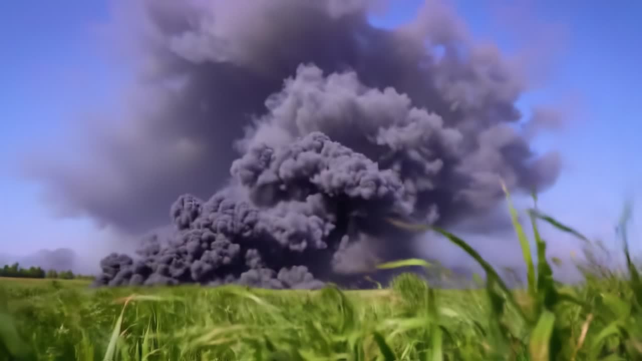 Dramatic Scene of Massive Smoke Plume Rising Above Lush Green Field, Capturing the Contrast Between Nature and Man-Made Destruction