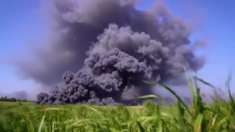 dramatic scene of massive smoke plume rising above lush green field, capturing the contrast between nature and man-made destruction