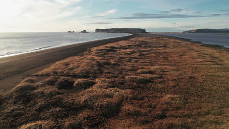 Costa-De-Playa-De-Arena-Negra-Cubierta-De-Musgo-Rojo-En-La-Mundialmente-Famosa-Playa-De-Reynisfjara-En-Islandia