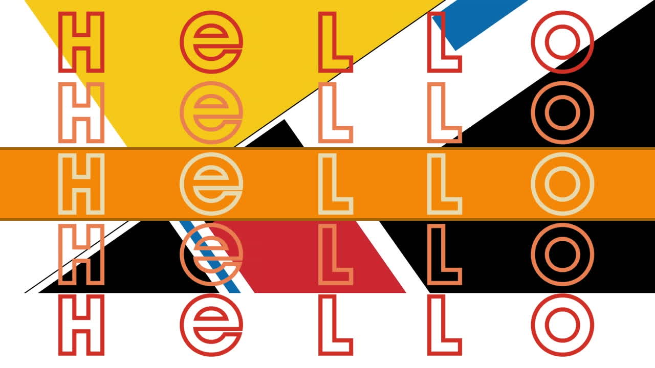Animation of multiple hello text over shapes on white background