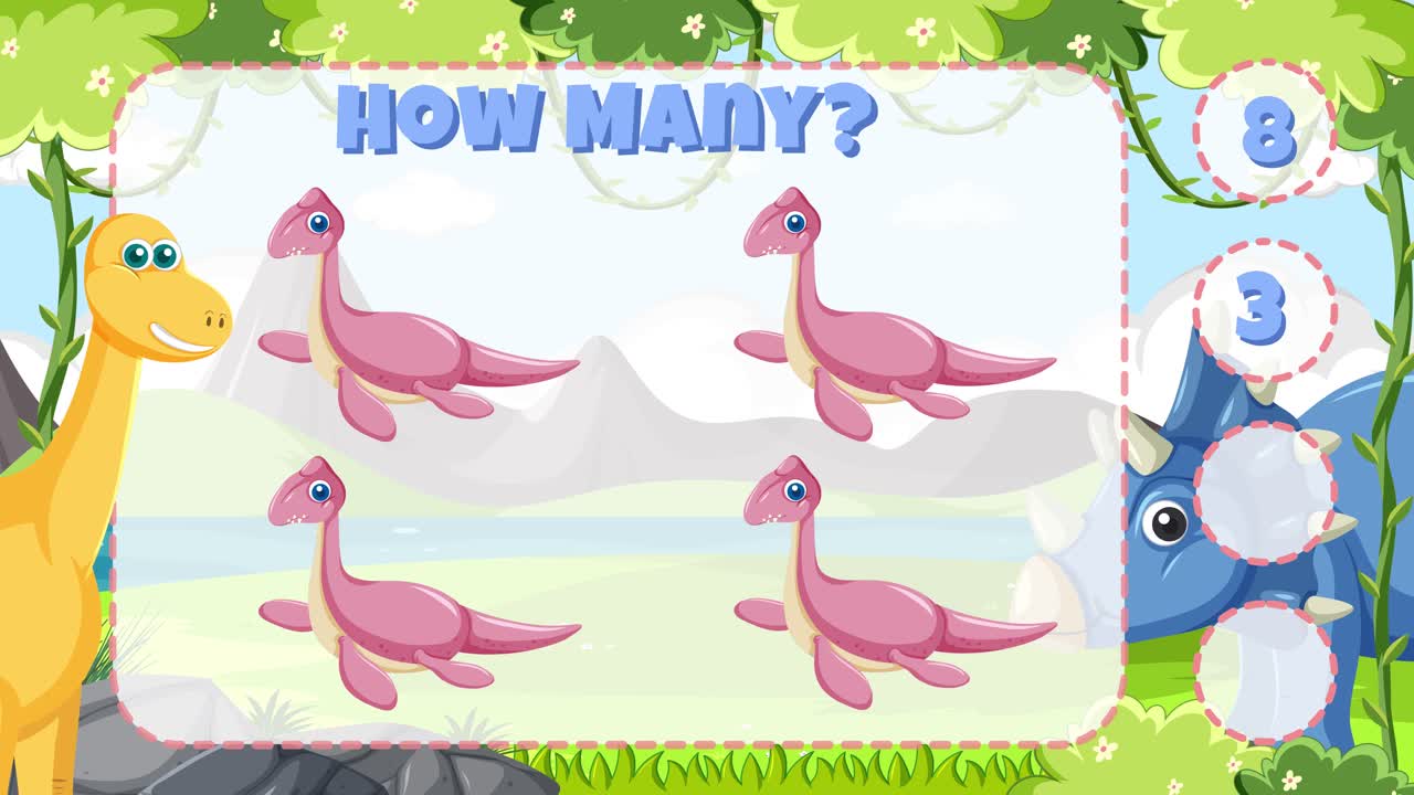 Dinosaurs engage children in a colorful counting game, featuring interactive elements and playful animations in a prehistoric setting