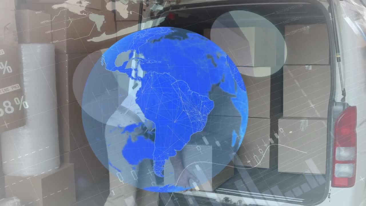 animación del globo de conexiones con estadísticas sobre el repartidor con caja de cartón