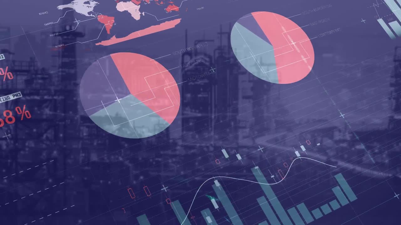 animación de datos con gráficos de barras, gráficos, procesamiento de mapas mundiales en interfaz digital contra la industria