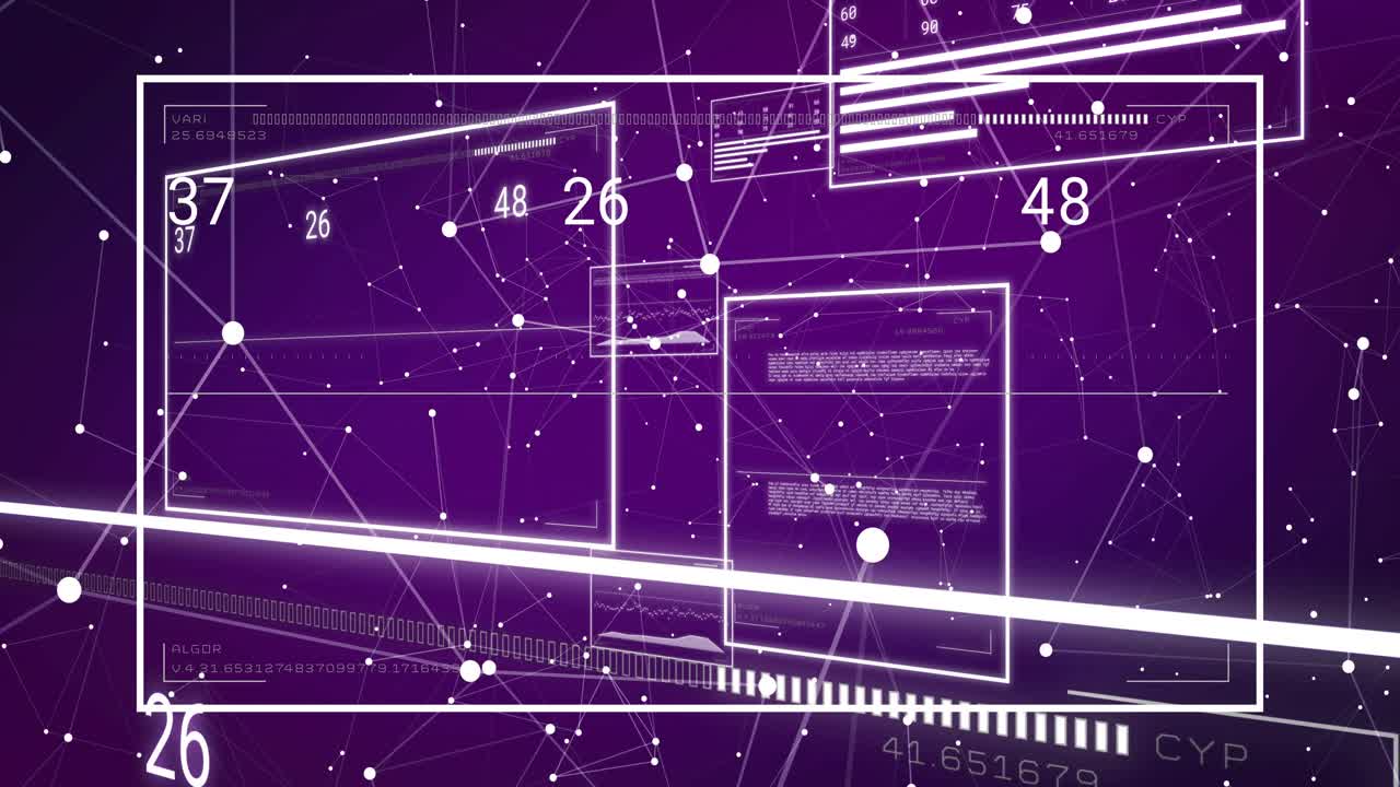 Round nodes hitting windows composite UI rotating panels sliding keyboard pulsing showing data flow