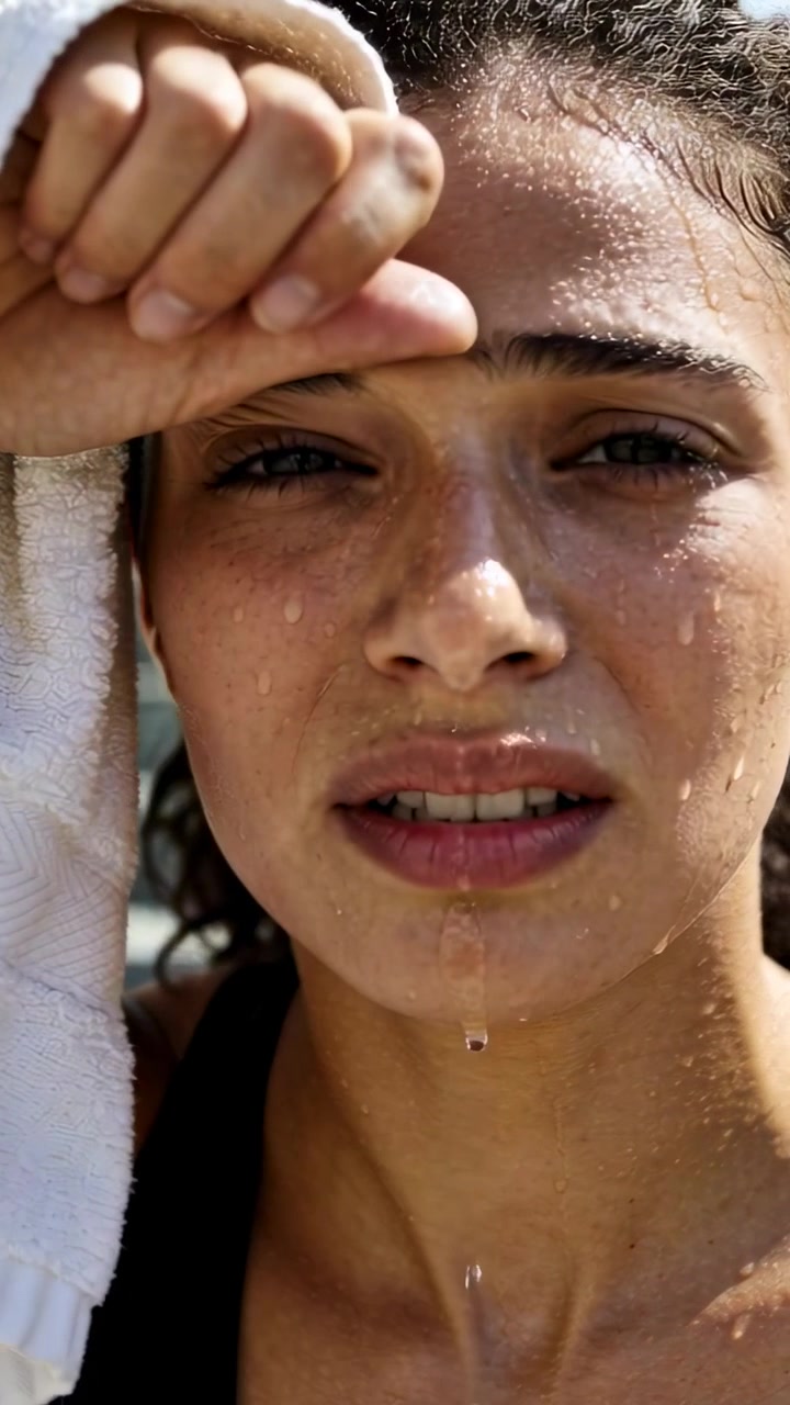 Vertical video: Pressing white towel to brow, woman in dark tank wiping droplets after run outdoors
