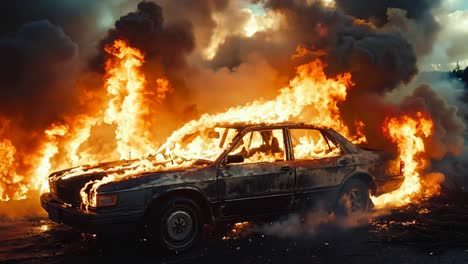 a car is engulfed by flames on the side of the road