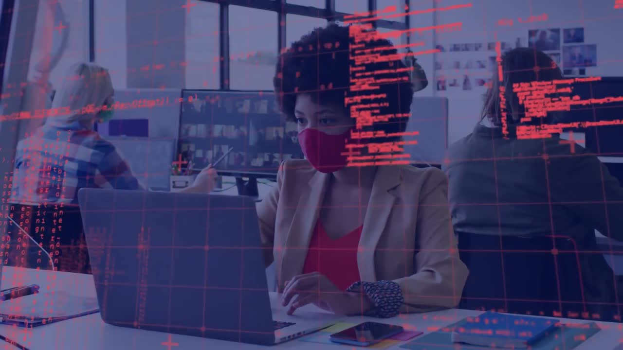 Animation of data processing over diverse business people wearing face masks and using computer