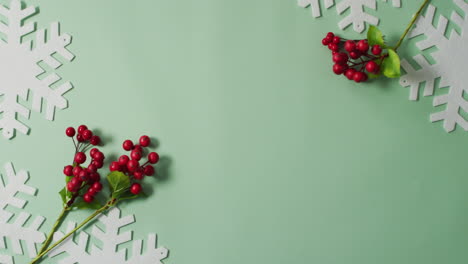 video of christmas leaf and red berry decorations with snowflake patterns and copy space on green