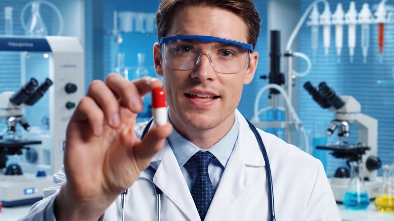 Un professionista medico in camice da laboratorio spiega l'importanza dei farmaci, mostrando una capsula rossa e bianca in un laboratorio pieno di attrezzature scientifiche.