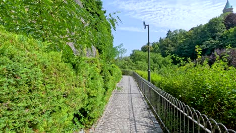 Forward movement along a cobblestone path bordered by lush greenery and stone walls, under bright daylight with steady camera and natural outdoor lighting
