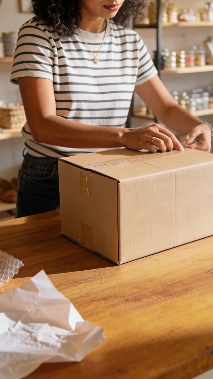 Vertical video: Folding woman in striped top seeing open box, taping seam on table with bubblewrap