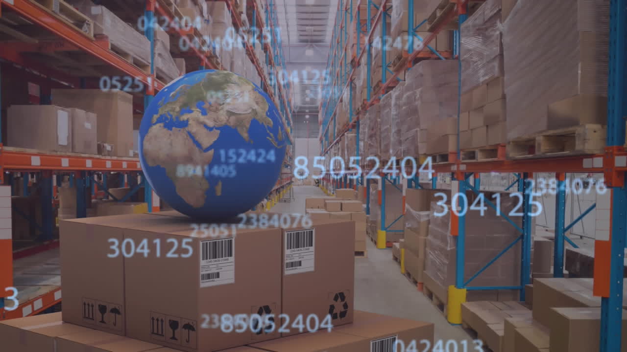 창고의 카드보드 상자에 전 세계에 걸쳐 변하는 숫자의 애니메이션