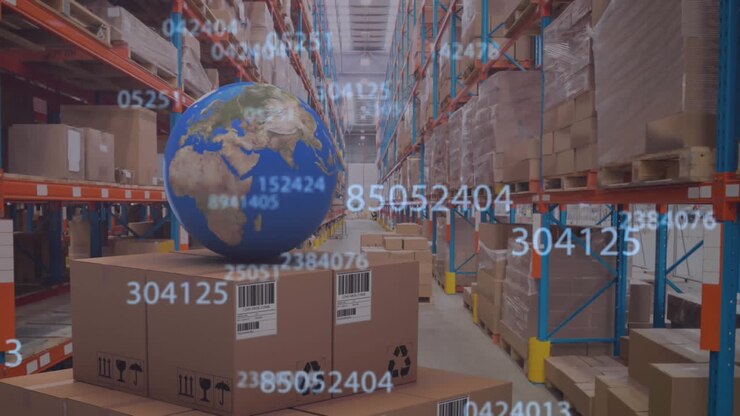 Animation of changing numbers over globe on cardboard boxes in warehouse