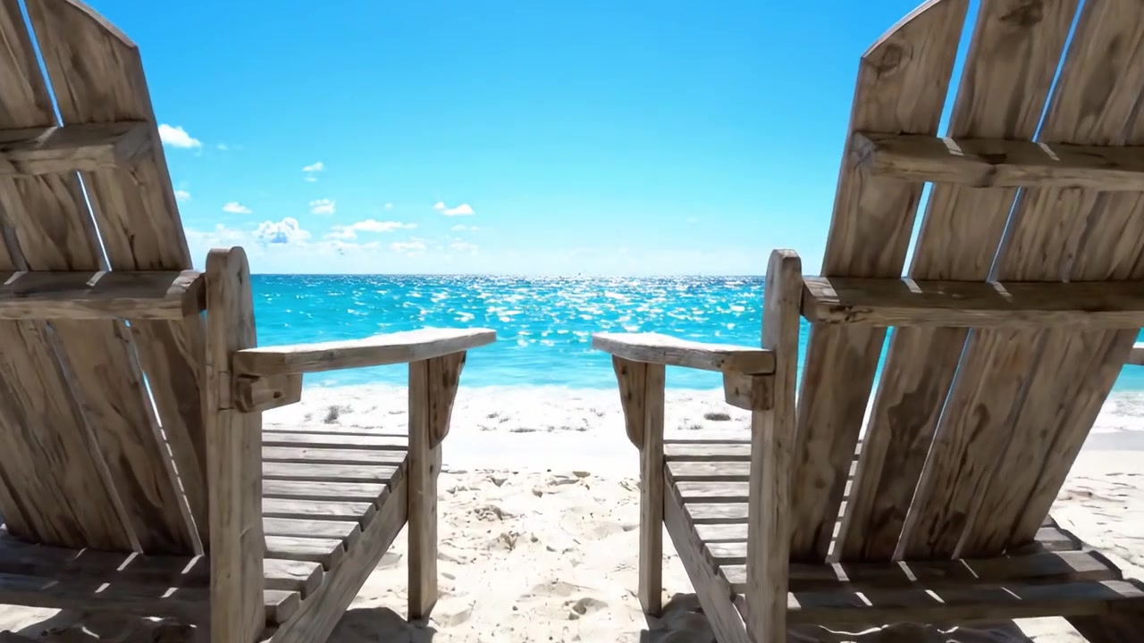 Eine ruhige Strandszene: Zwei rustikale Stühle mit Blick auf einen funkelnden Ozean unter einem strahlend blauen Himmel, mit sanften Wellen, die an die Küste plätschern.
