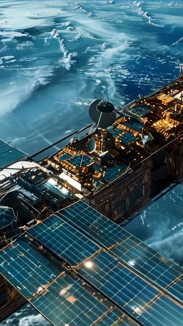 A satellite is floating in space above the ocean. The satellite is large and has a lot of solar panels on it. The satellite is surrounded by clouds and the ocean