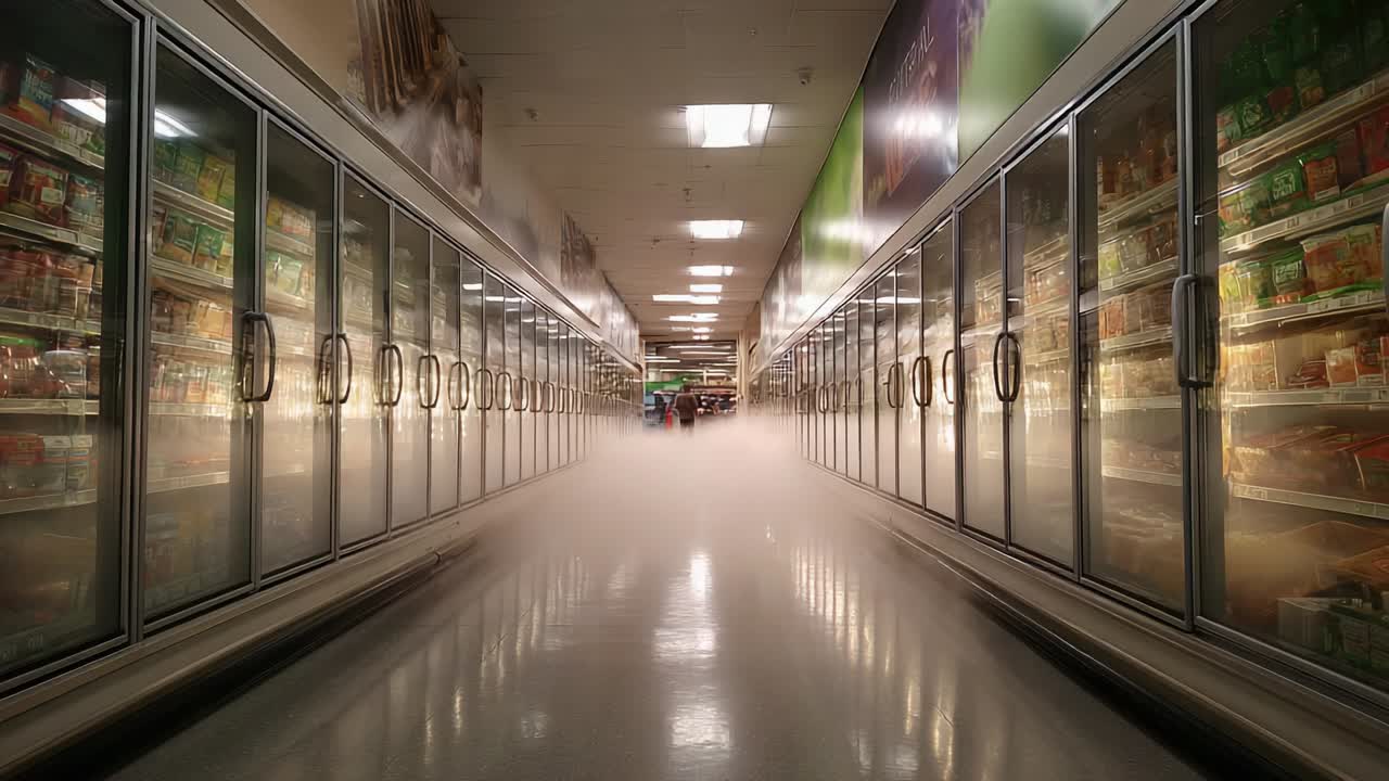 A captivating view of a supermarket freezer aisle, where thick fog envelops the floor, creating an atmospheric scene that contrasts the vibrant packaging of frozen goods in glass door displays