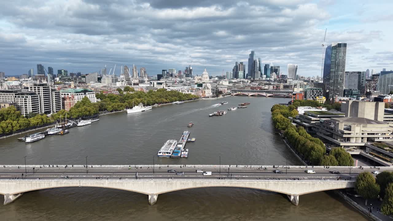 Waterloo Bridge Over River Thames London Aerial Drone Footage