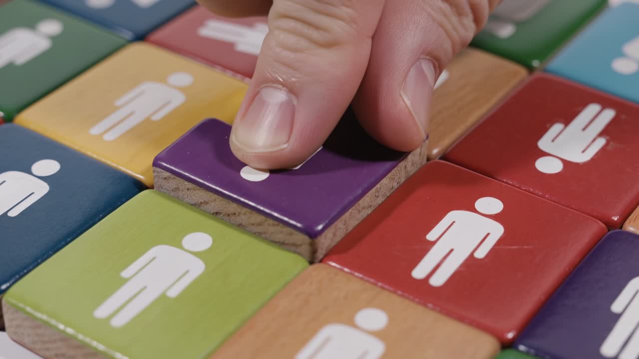 Hand placing a wooden block with a person icon into a group for recruitment and HR