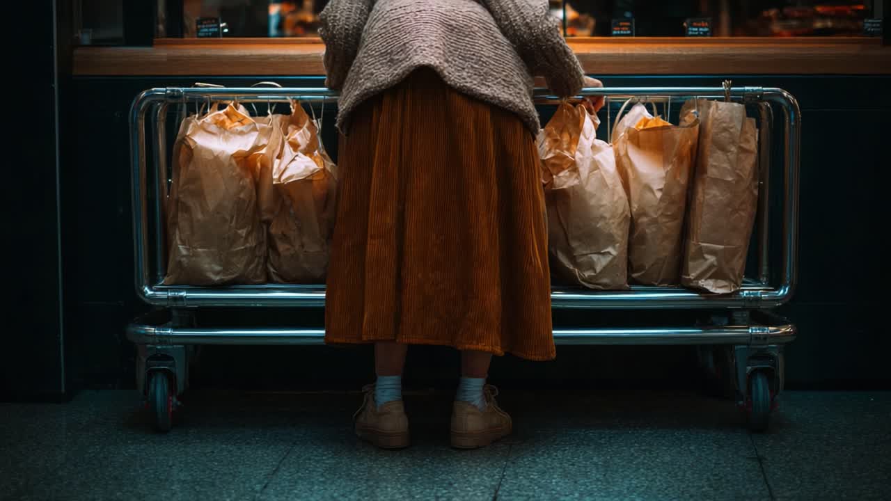A Cozy Evening Scene Depicting a Person in a Warm Sweater and Skirt Arranging a Collection of Brown Paper Bags on a Shopping Cart at Dusk