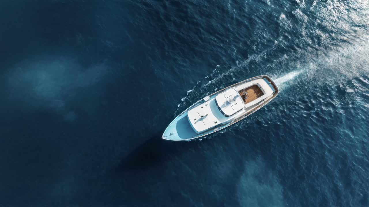 Vista aerea di un lussuoso yacht che naviga in acque blu intenso, che mette in mostra un sereno concetto di viaggio