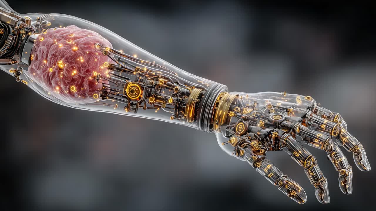 A Stunning Showcase of Futuristic Robotics: The Exquisite Design of a Transparent Mechanical Arm with Pulsating Bioelectronics and Intricate Detailing