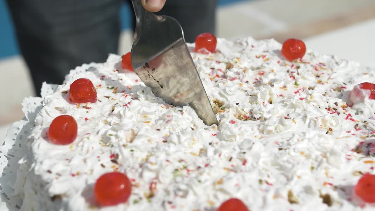 정원 축하 파티에서 크림 생일 케이크 절단