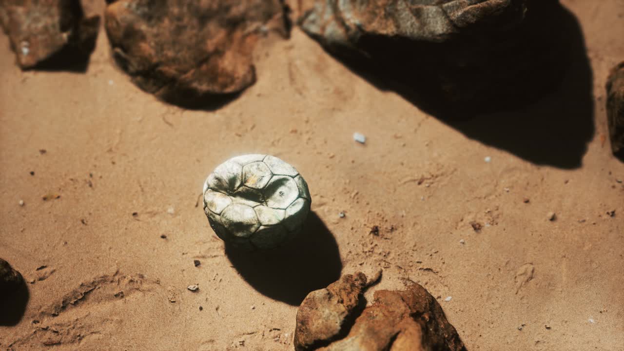 vieja pelota de fútbol en la playa de arena