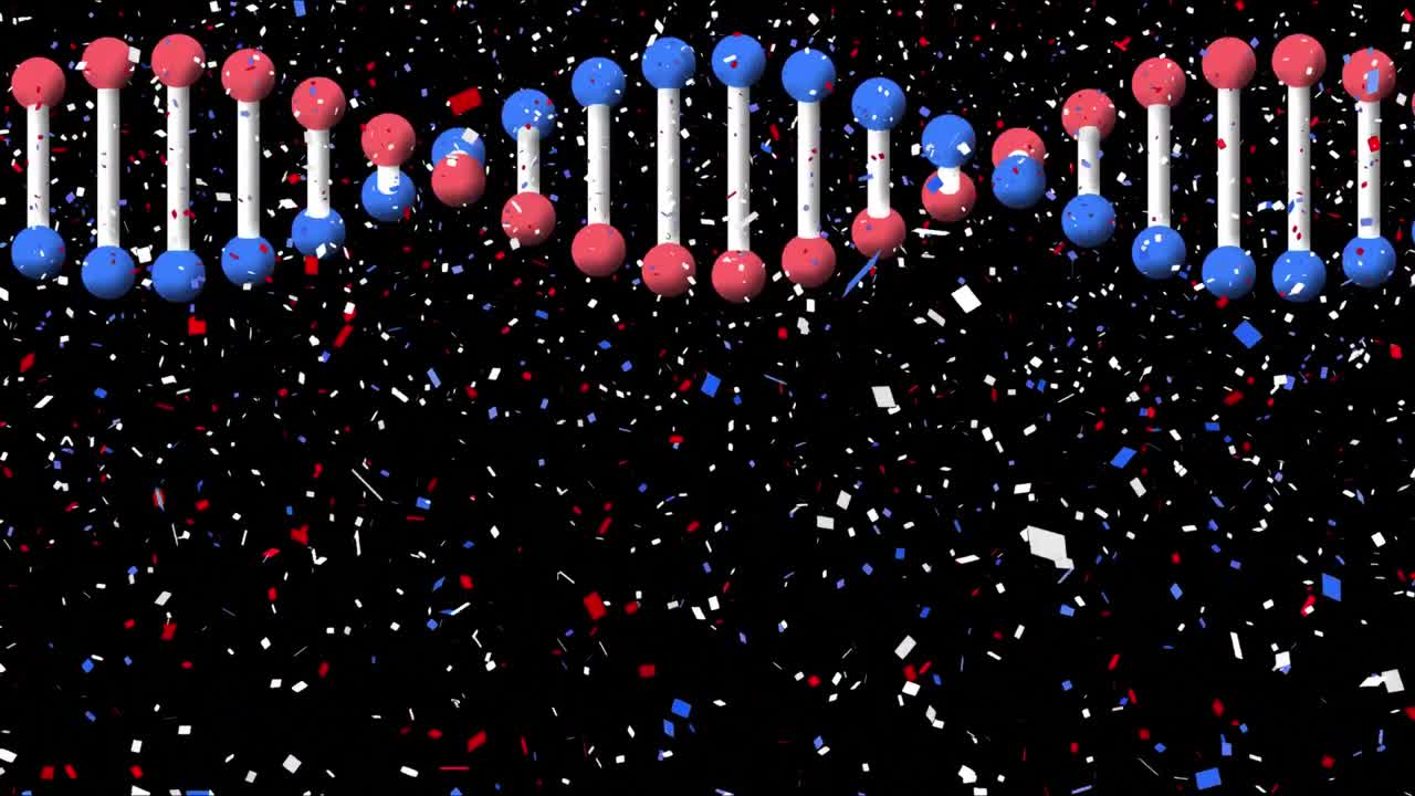 파란색, 빨간색,  ⁇ 색 콘페티의 애니메이션이 검은색 배경에 회전하는 dna  ⁇ 어리 위에 있습니다.