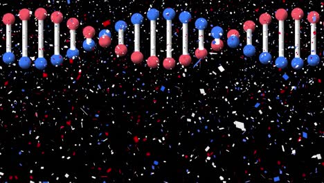 animation of blue red and white confetti over spinning dna strain on black background