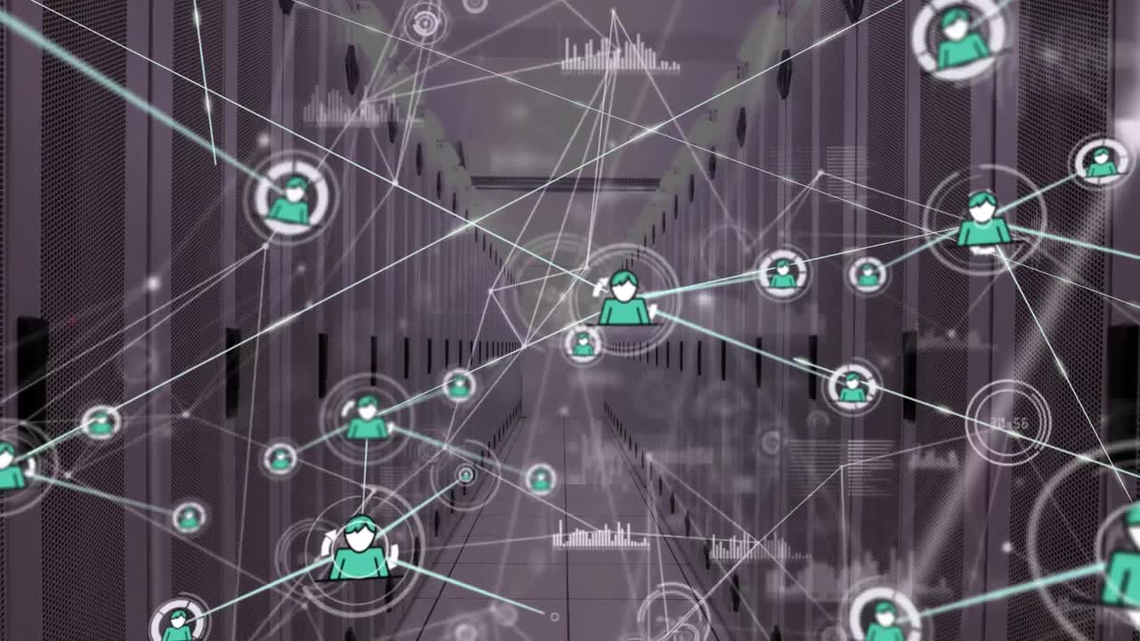 Animation of network of connections with icons and data processing over server room