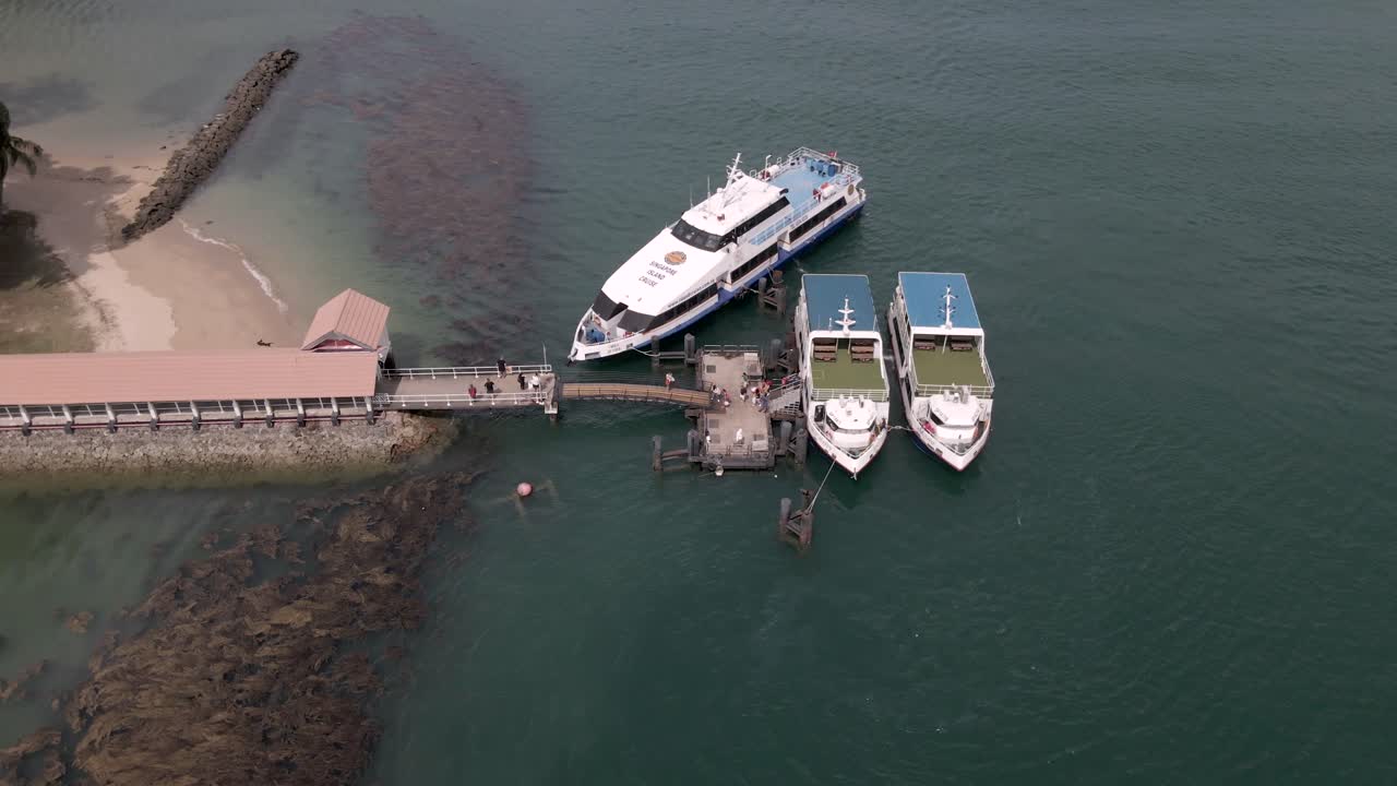 vista aérea de turistas saliendo del ferry en el muelle de la isla de san juan, singapur
