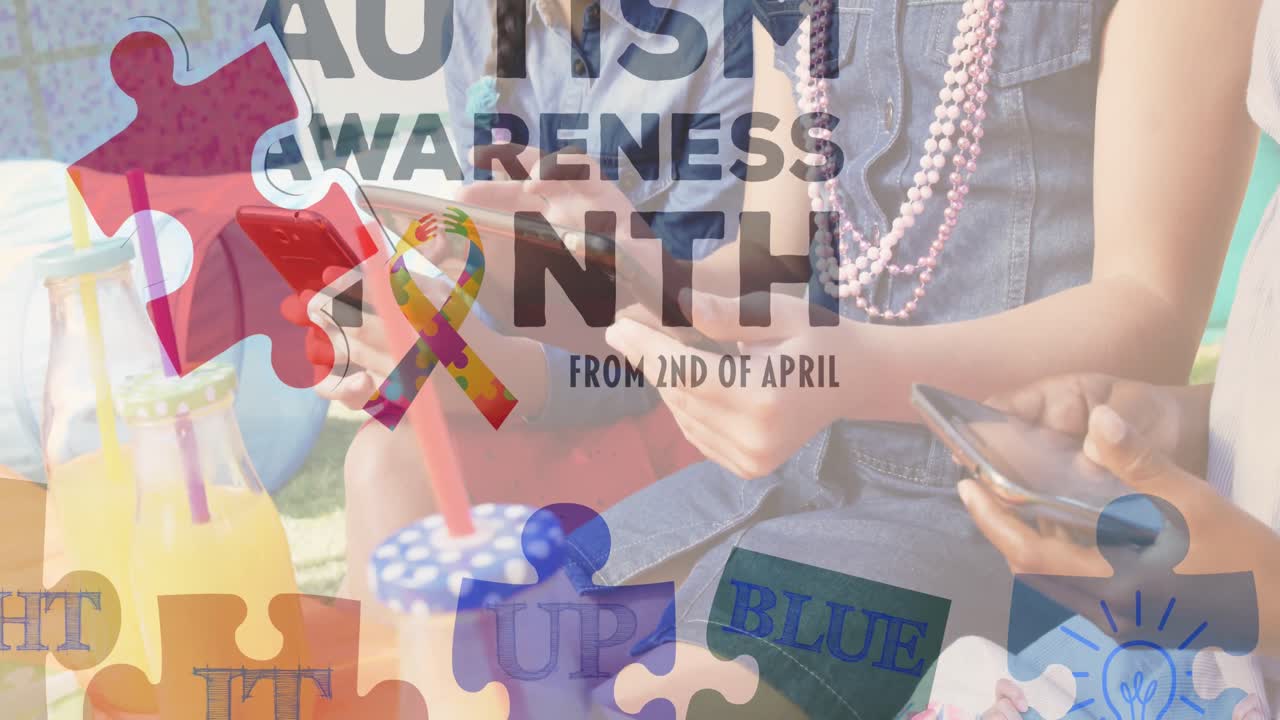 태블릿과 스마트폰을 사용하는 행복한 친구들을 통해 다채로운 퍼즐 조각과 자폐증 텍스트의 애니메이션