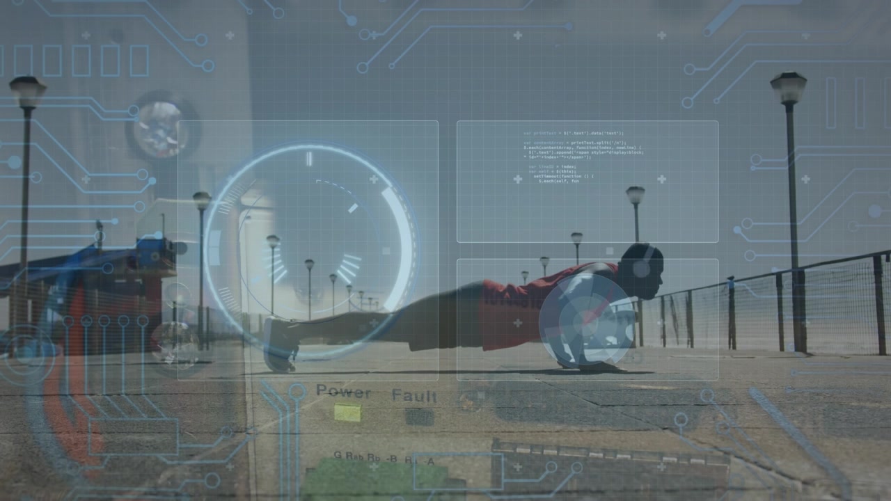 Animation of digital interface over african american man doing push ups