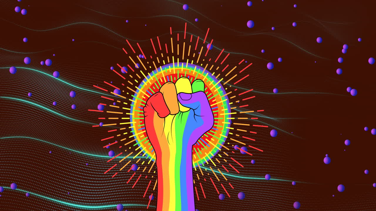 animación de líneas y círculos alrededor de la mano de lgbtqi haciendo puño sobre el patrón de onda dinámica en el fondo