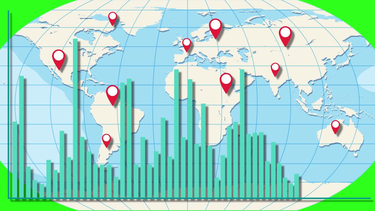 Animated world map with dynamic bar graphs illustrating global economic data. Features location markers and green screen background