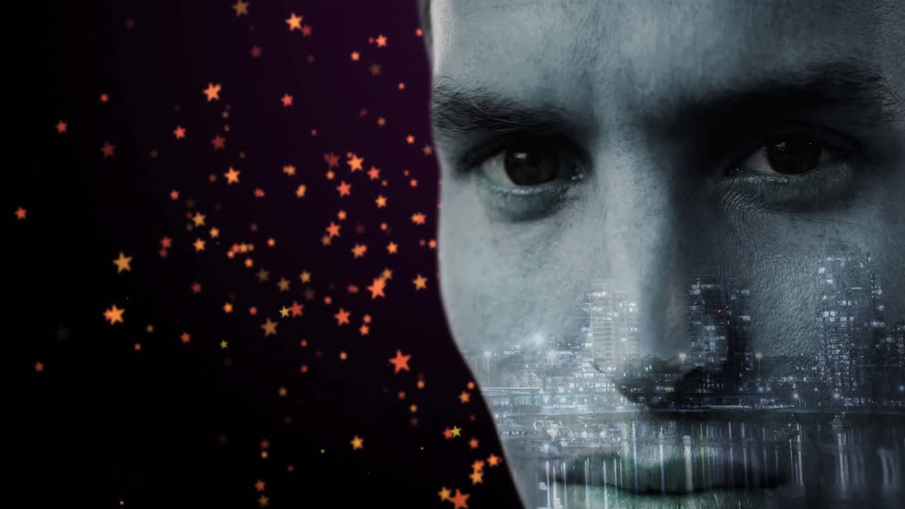 man exploring technology concept showing city skyline graphic with glowing orange star icons