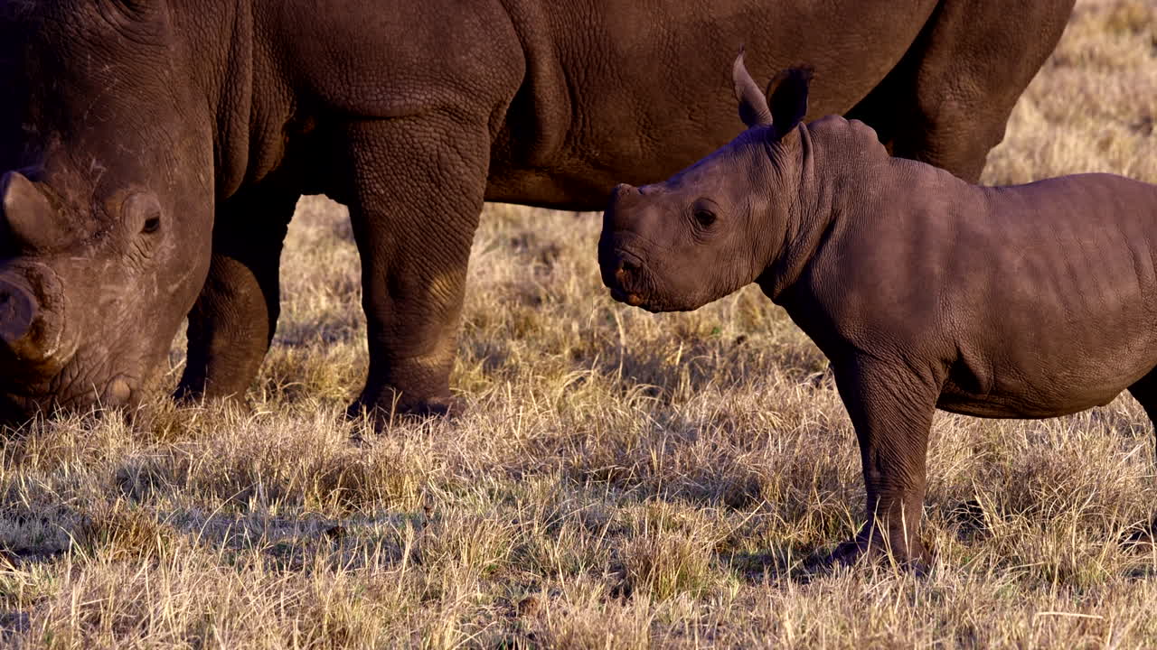 Baby white rhino calf with protective mother scanning surroundings