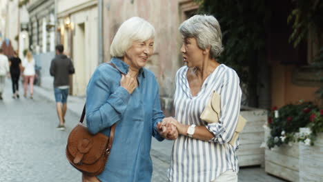 Dos-Bonitas-Jubiladas-Con-Cabello-Gris-Y-Vestidos-Bonitos-Caminando-Por-La-Calle-De-La-Ciudad-Y-Hablando-Alegremente