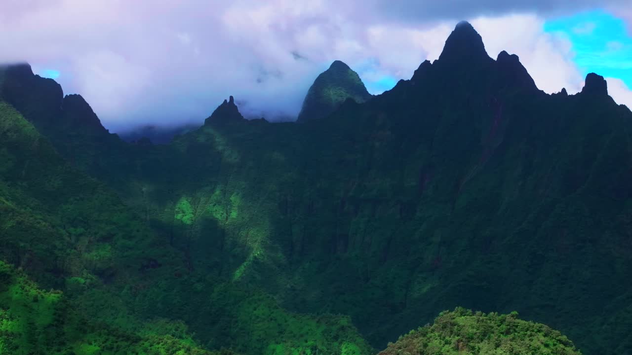 Teahupoo Vallee de Tautira River Valley Bay Vaitepiha village Tahiti island French Polynesia aerial drone jagged mountain Aorai peak canyon Aorai Taiarapu Taravao North Shore cloudy parallax right