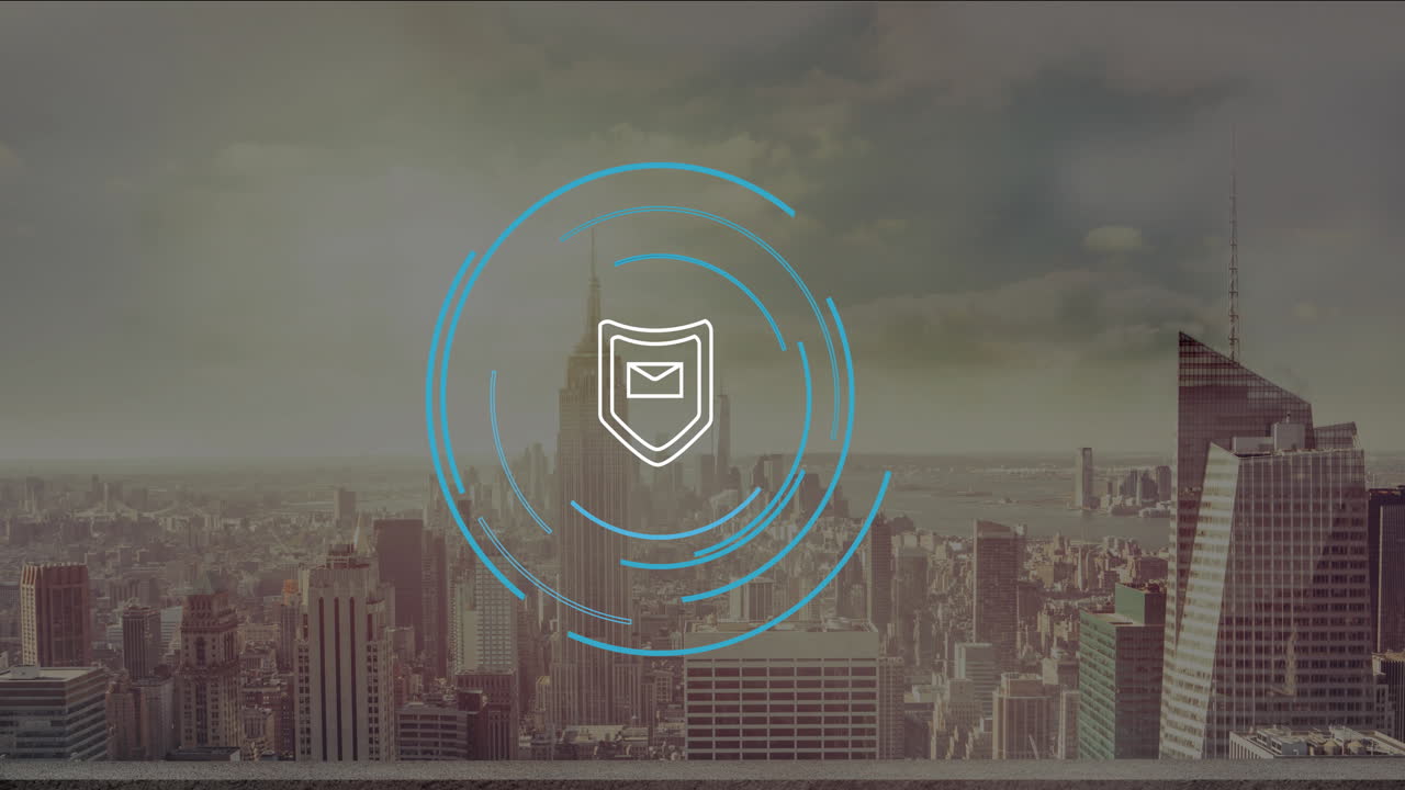 Animation of email security icon with digital circles over city skyline