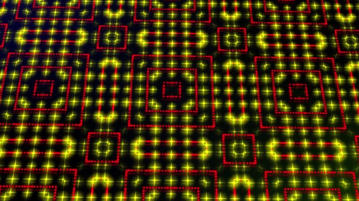 Animated illustration light shinning red and yellow dots and stars square shapes.