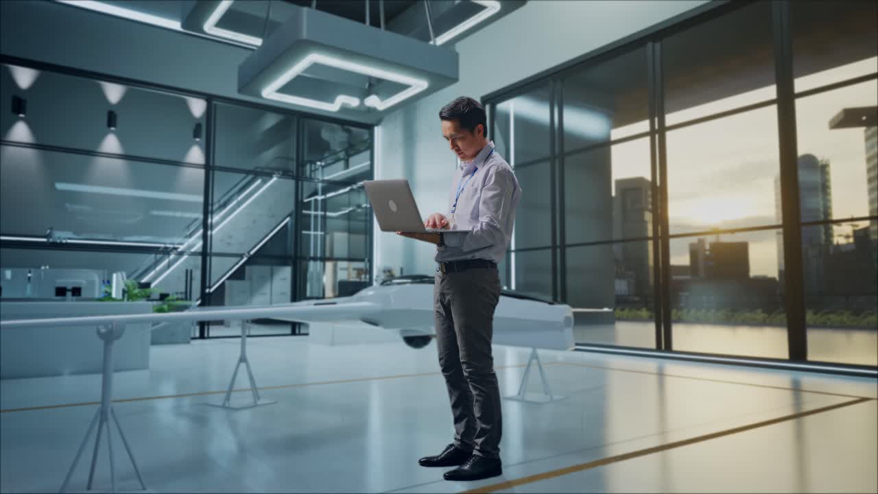 vista lateral completa del cuerpo de un trabajador profesional masculino asiático de pie con su computadora portátil con proyecto de drones, instalación industrial de alta tecnología, escribiendo en el teclado de su portátil con meditación