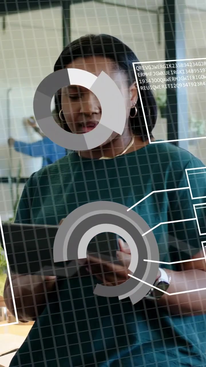 Vertical video: Woman analyst tapping tablet, causing binary overlay and expanding charts for tech
