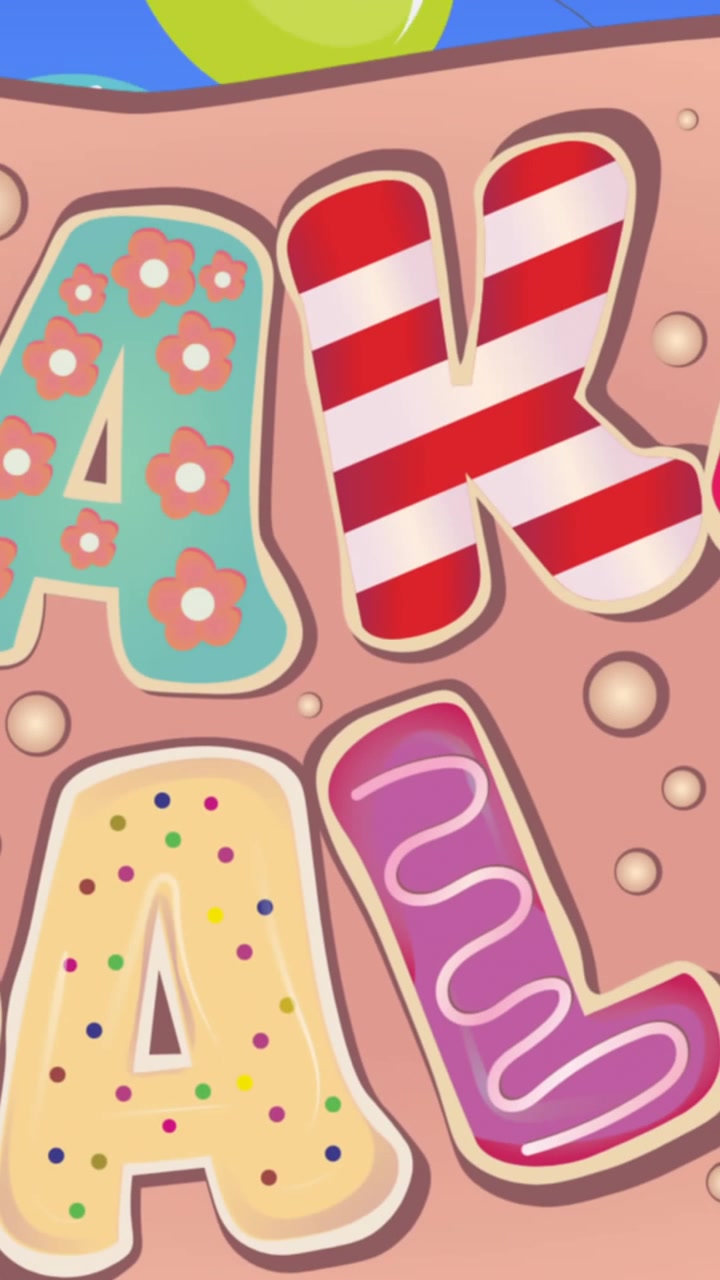 Animazione delle parole vendita di dolci in lettere colorate di glassa con palloncini fluttuanti su sfondo blu.