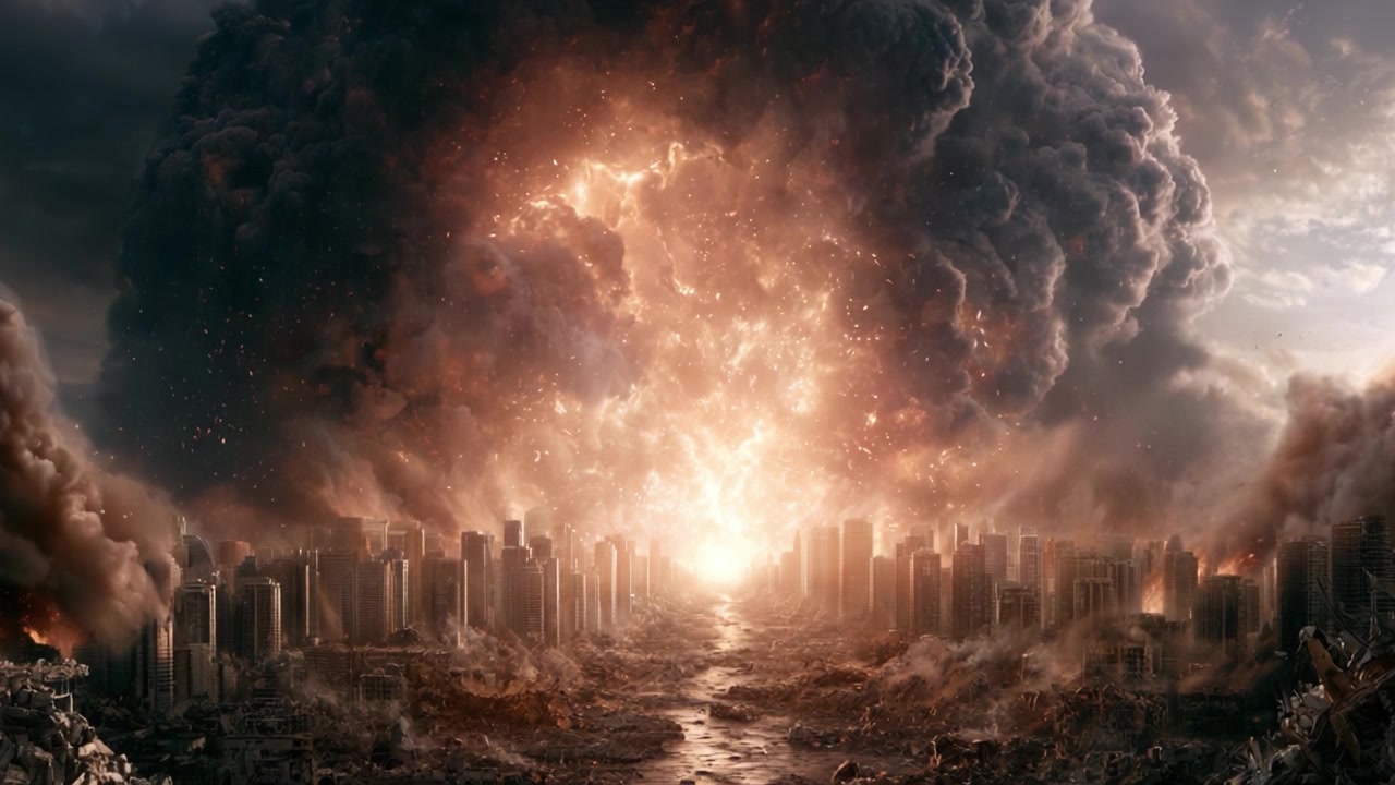 Apocalyptic Destruction: A City Engulfed in Flames and Chaos as a Devastating Explosion Erupts, Transforming the Urban Landscape into a Dystopian Nightmare.
