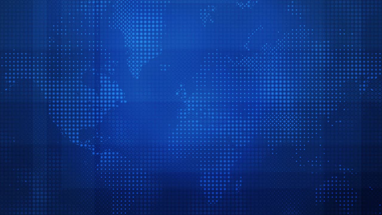 Futuristic digital world map with glowing blue translucent rectangles in motion and shifting dynamic halftone pattern grid