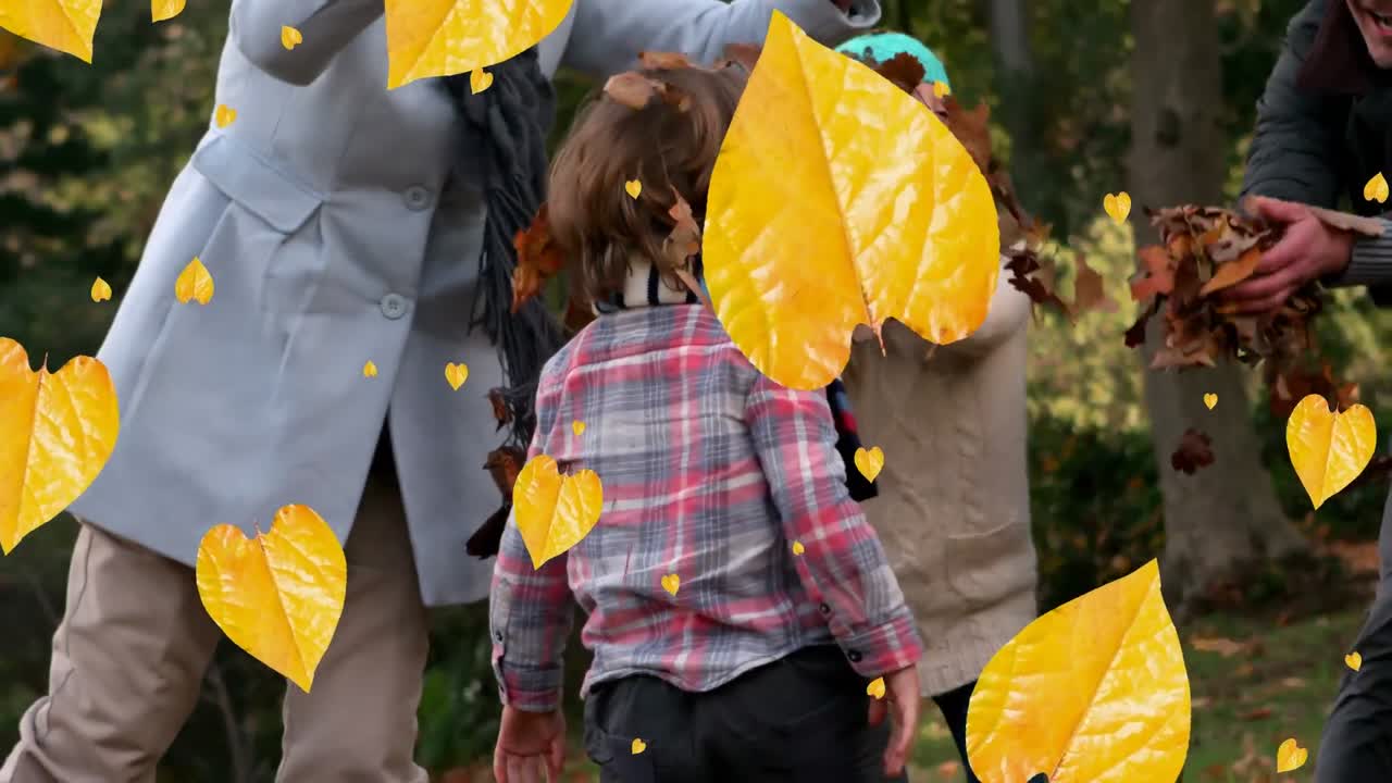 가을 공원에서 행복한 백인 가족 위에 떨어지는 가을 잎의 애니메이션