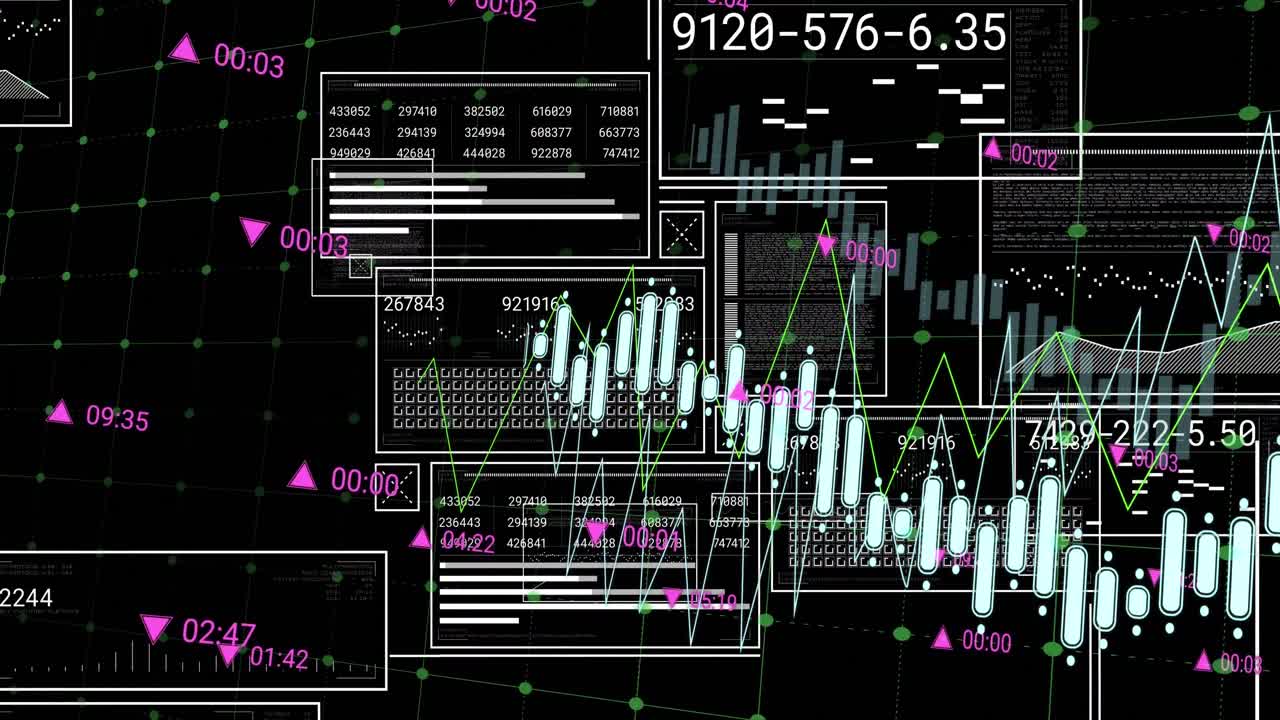 Animation of interfaces with data processing against black background